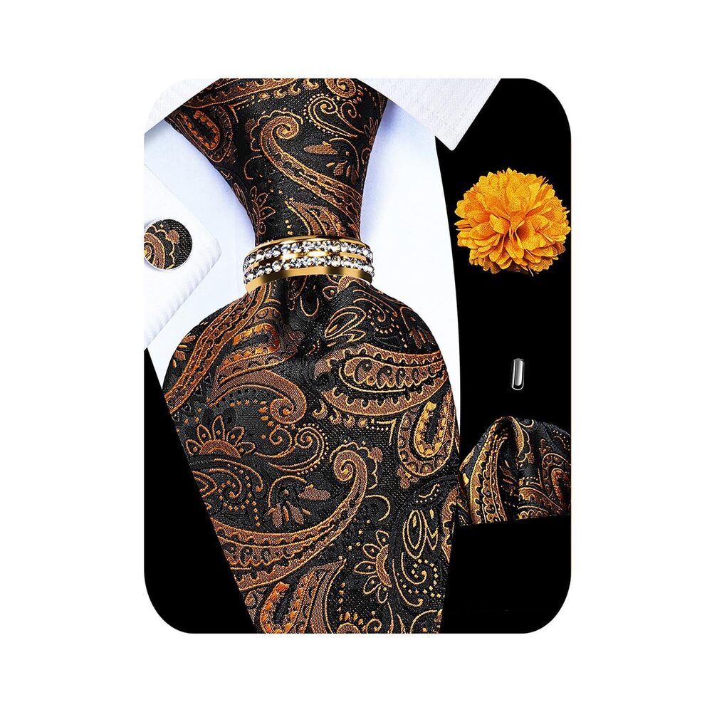 3858 5PCS Gold Black Paisley Tie Pocket Square , Silk Necktie